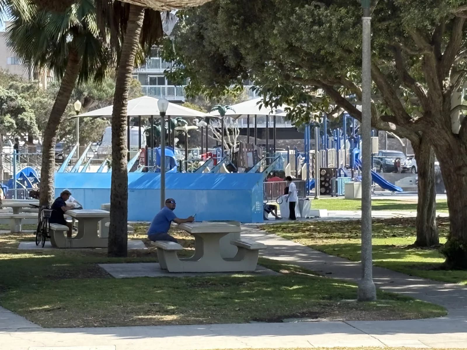 Families gathering near the shaded playground at Veterans Park