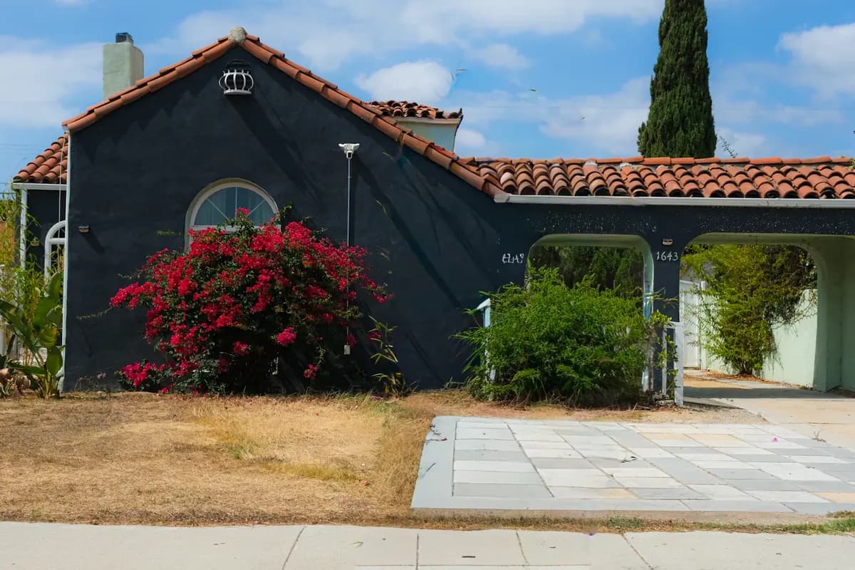 A dark stucco Los Angeles home framed by red bougainvillea