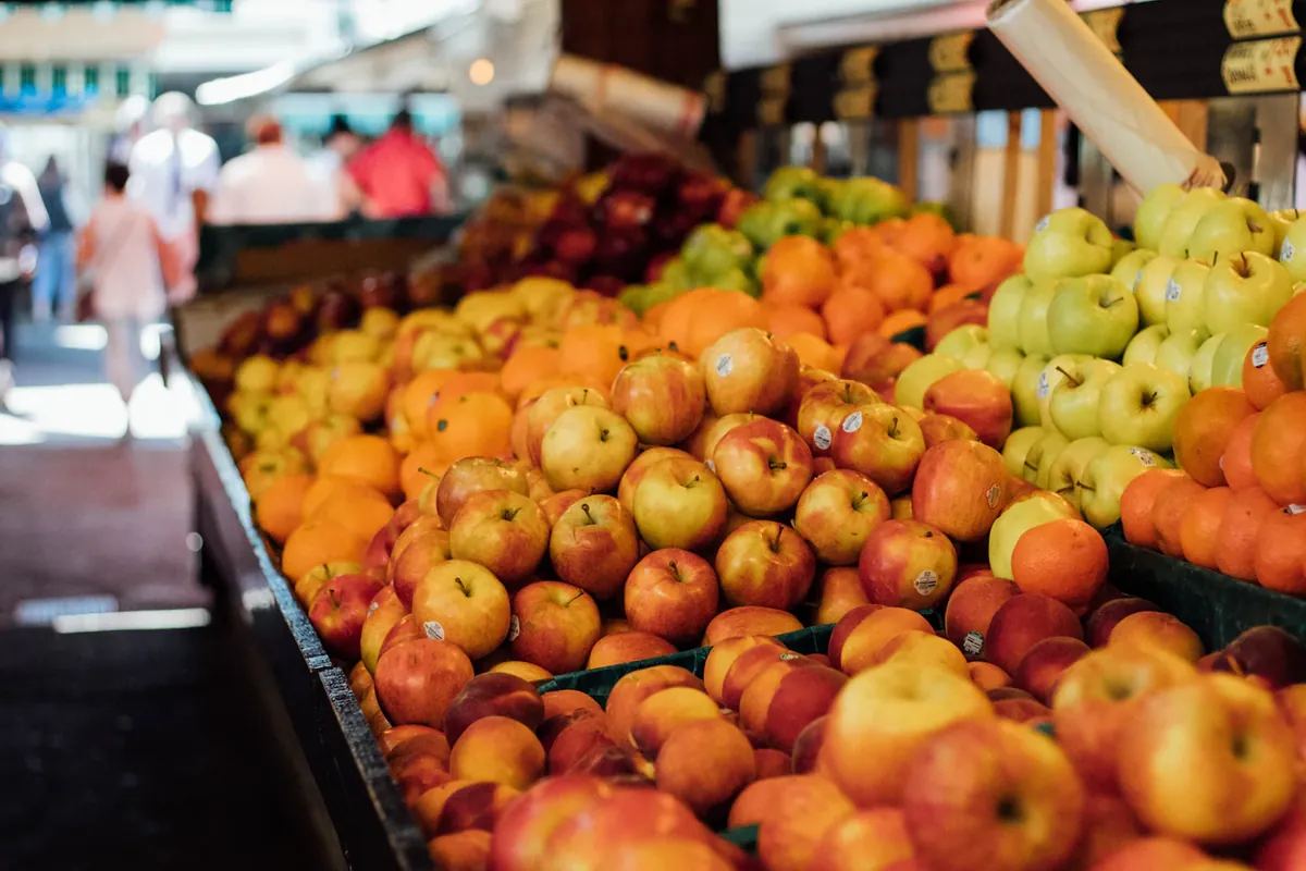 Colorful fruit arranged at a Southern California farmers market