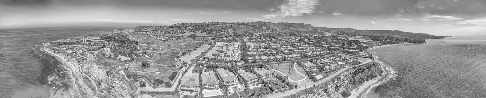 A monochrome aerial of the Rancho Palos Verdes coastline
