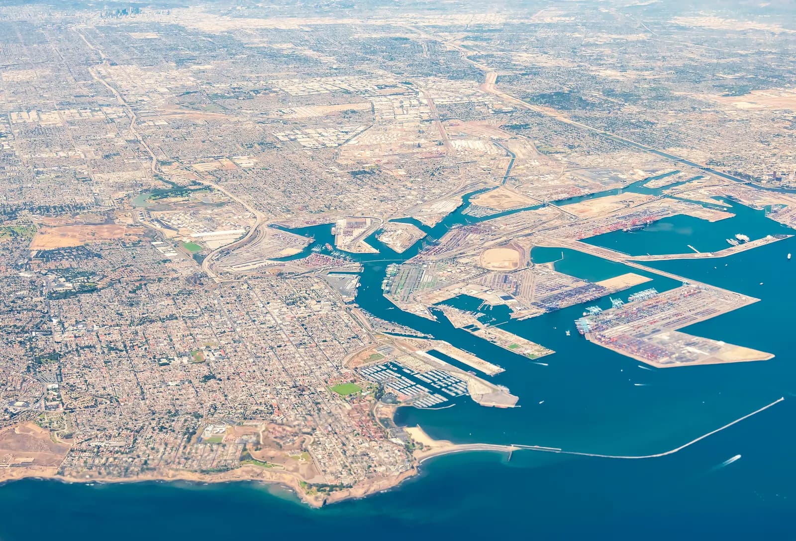 An aerial view across San Pedro, Long Beach, and the wider South Bay