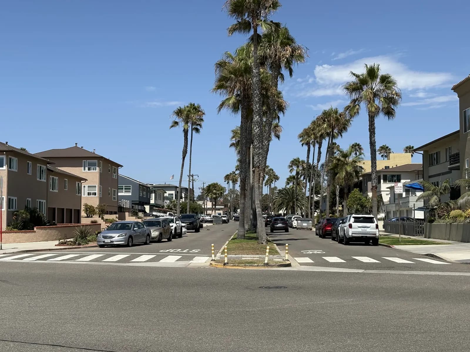 A palm-lined residential street in a Southern California beach community