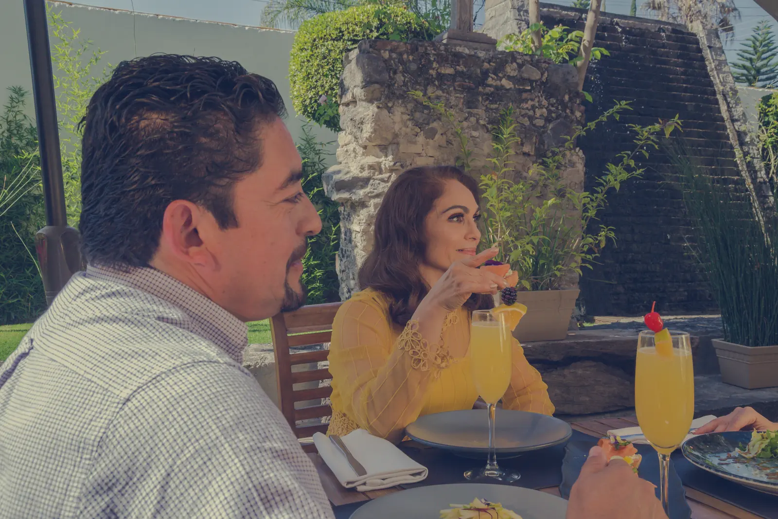 Friends sharing a meal in a leafy garden restaurant