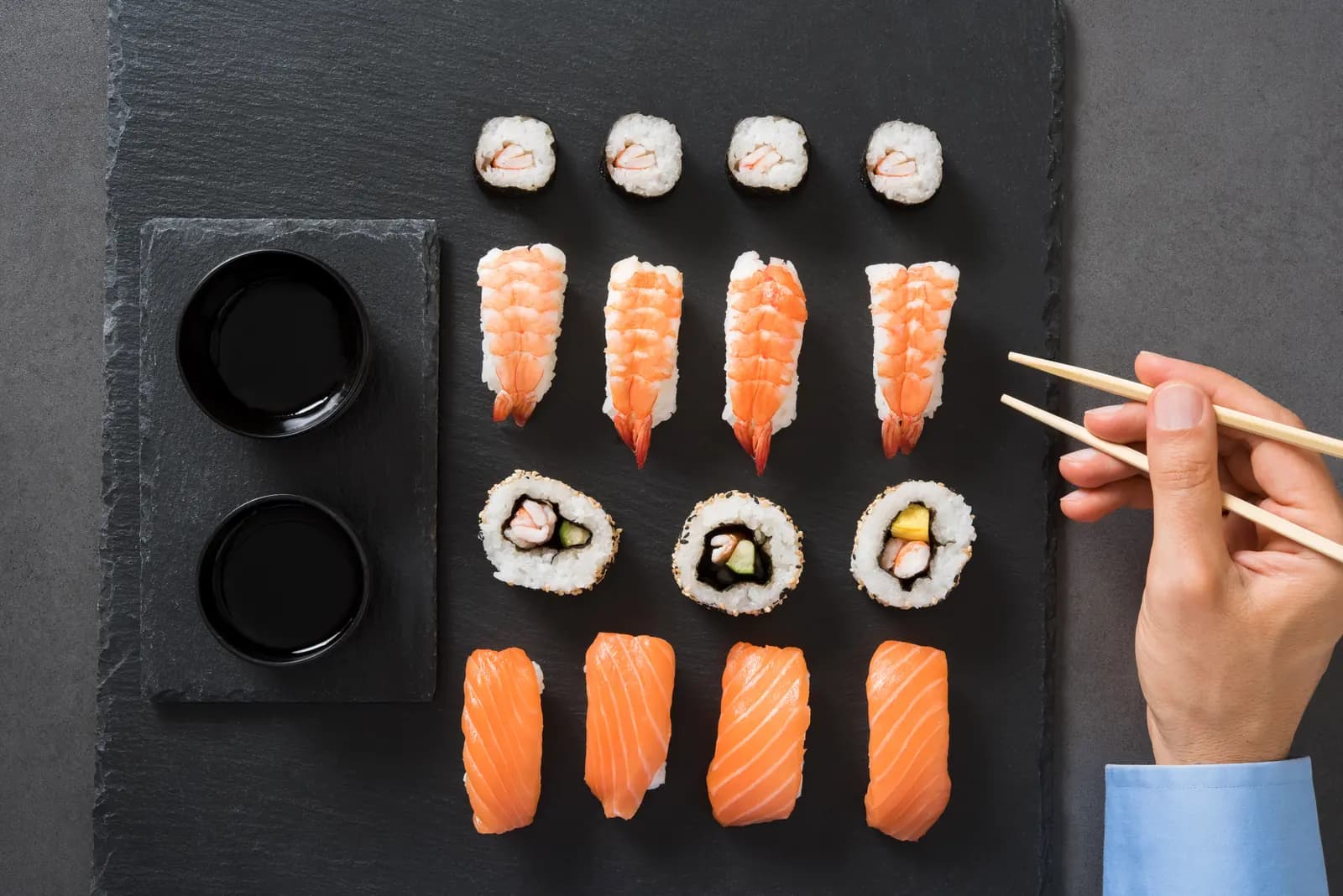 Fresh sushi arranged for service at a restaurant